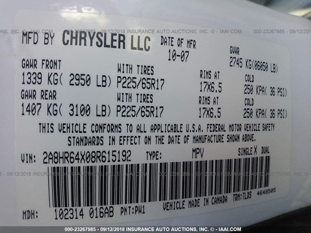 2A8HR64X08R615192 - 2008 CHRYSLER TOWN & COUNTRY LIMITED WHITE photo 9