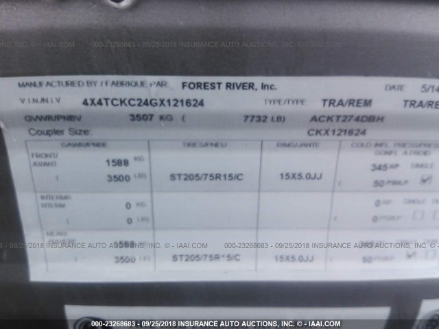 4X4TCKC24GX121624 - 2016 FOREST RIVER 274DBH CHEROKEE  棕色 照片 9