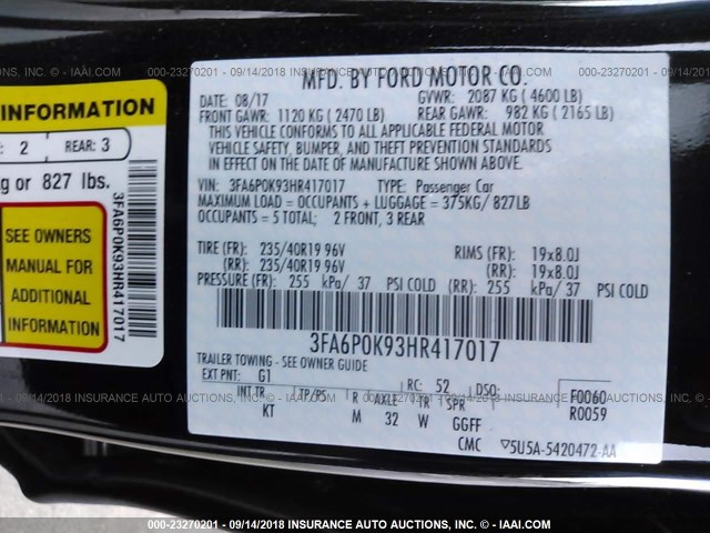 3FA6P0K93HR417017 - 2017 FORD FUSION TITANIUM BLACK photo 9