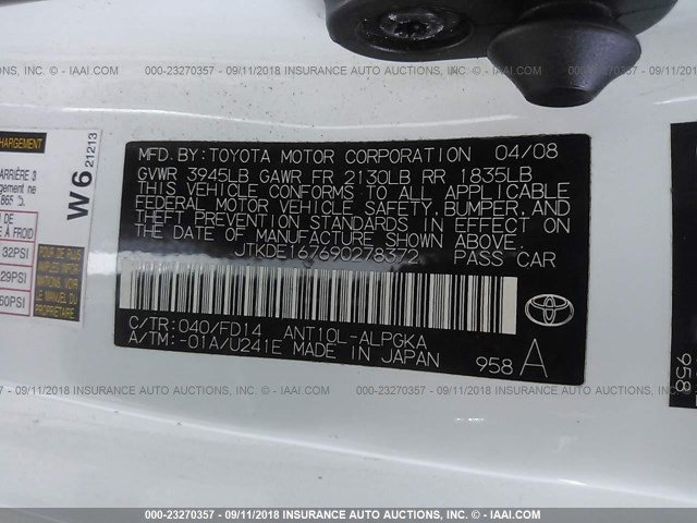 JTKDE167690278372 - 2009 TOYOTA SCION TC 白色 照片 9