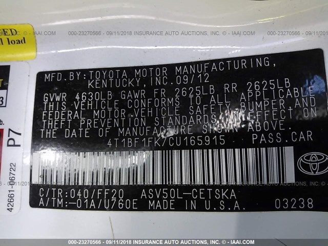 4T1BF1FK7CU165915 - 2012 TOYOTA CAMRY SE/LE/XLE 白色 照片 9