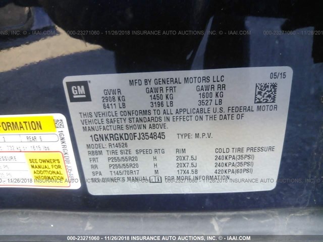 1GNKRGKD0FJ354845 - 2015 CHEVROLET TRAVERSE LT BLUE photo 9