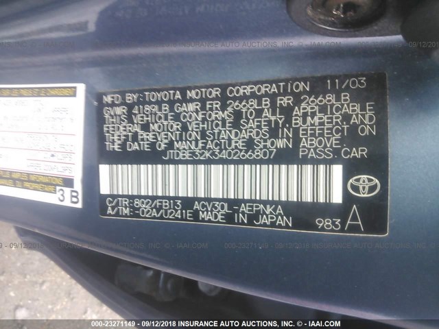 JTDBE32K340266807 - 2004 TOYOTA CAMRY LE/XLE BLUE photo 9