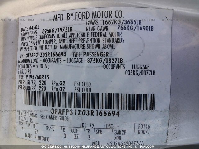 3FAFP31Z03R166694 - 2003 FORD FOCUS ZX3 SILVER photo 9