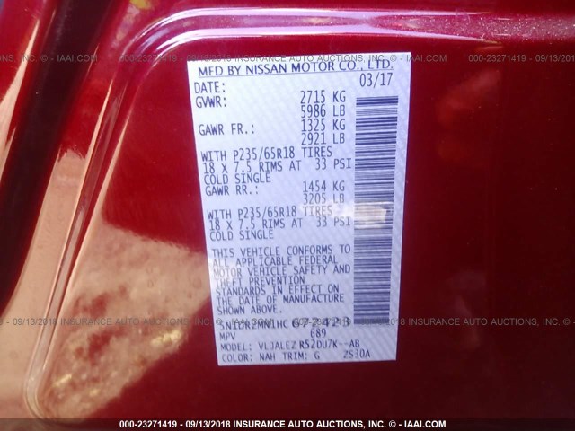 5N1DR2MN1HC672423 - 2017 NISSAN PATHFINDER S/SV/SL/PLATINUM RED photo 9