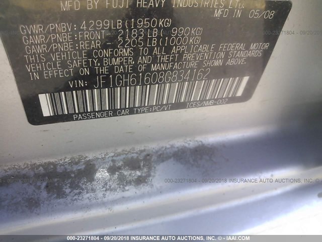 JF1GH61608G834162 - 2008 SUBARU IMPREZA 2.5I SILVER photo 9