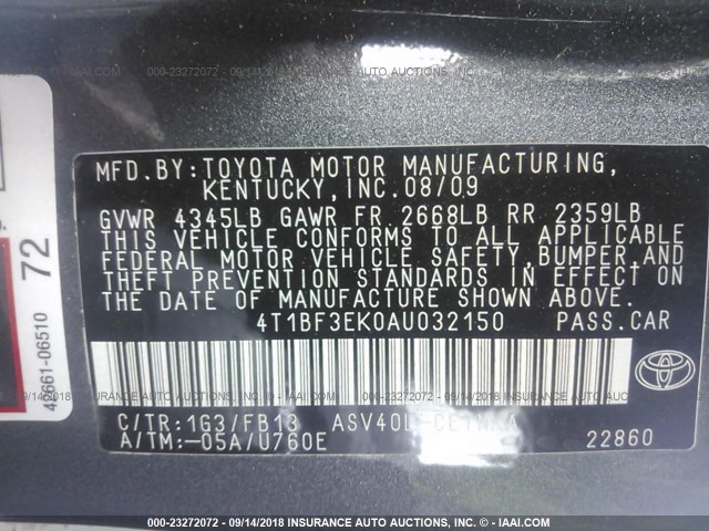 4T1BF3EK0AU032150 - 2010 TOYOTA CAMRY SE/LE/XLE GRAY photo 9