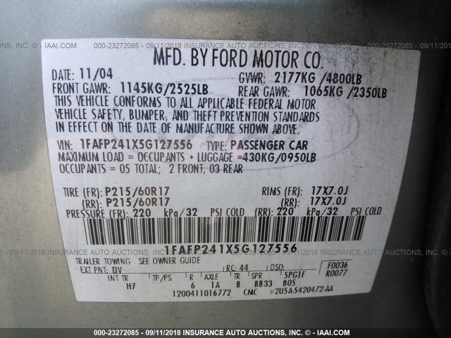 1FAFP241X5G127556 - 2005 FORD FIVE HUNDRED SEL GRAY photo 9