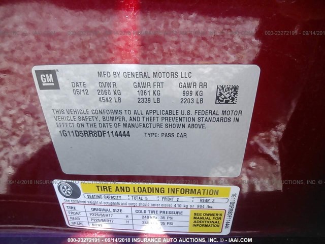 1G11D5RR8DF114444 - 2013 CHEVROLET MALIBU 1LT BURGUNDY photo 9