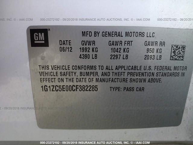 1G1ZC5E00CF382285 - 2012 CHEVROLET MALIBU 1LT თეთრი ფოტო 9