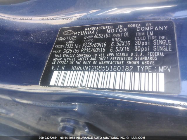 KM8JN12D85U160182 - 2005 HYUNDAI TUCSON GLS/LX BLUE photo 9