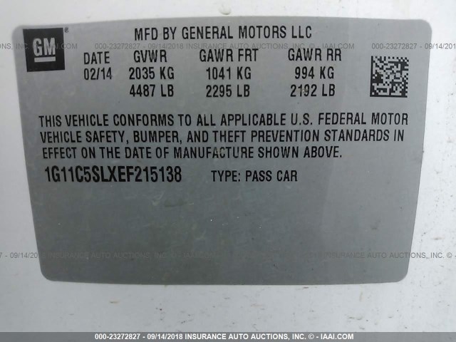 1G11C5SLXEF215138 - 2014 CHEVROLET MALIBU 1LT 白色 照片 9