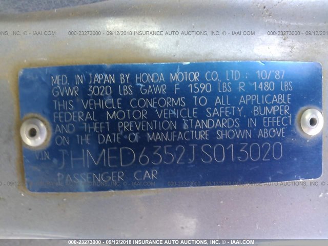 JHMED6352JS013020 - 1988 HONDA CIVIC 1.5 DX BLUE photo 9
