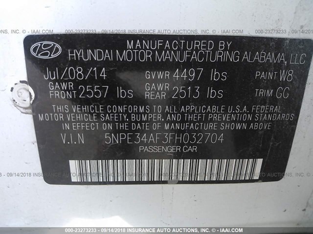 5NPE34AF3FH032704 - 2015 HYUNDAI SONATA SPORT/LIMITED WHITE photo 9