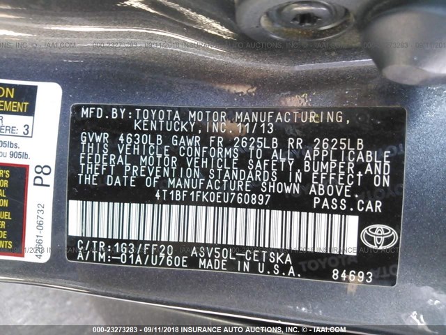 4T1BF1FK0EU760897 - 2014 TOYOTA CAMRY L/SE/LE/XLE 米色 照片 9