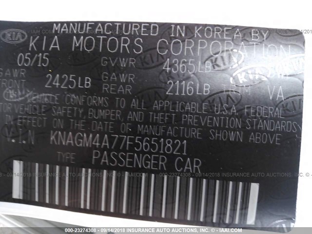 KNAGM4A77F5651821 - 2015 KIA OPTIMA LX WHITE photo 9