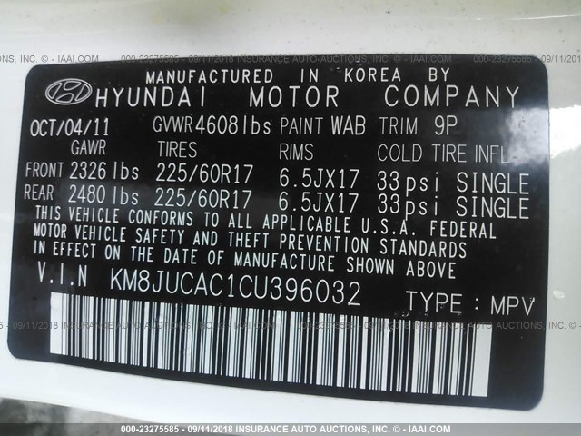 KM8JUCAC1CU396032 - 2012 HYUNDAI TUCSON GLS/LIMITED 白色 照片 9