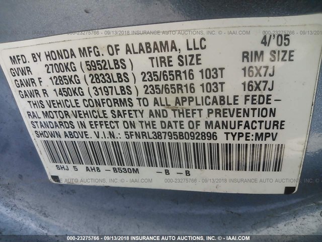 5FNRL38795B092896 - 2005 HONDA ODYSSEY EXL BLUE photo 9