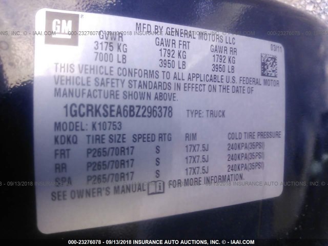 1GCRKSEA6BZ296378 - 2011 CHEVROLET SILVERADO K1500 LT BLUE photo 9