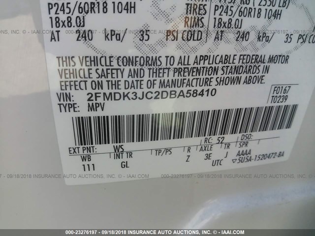 2FMDK3JC2DBA58410 - 2013 FORD EDGE SEL WHITE photo 9