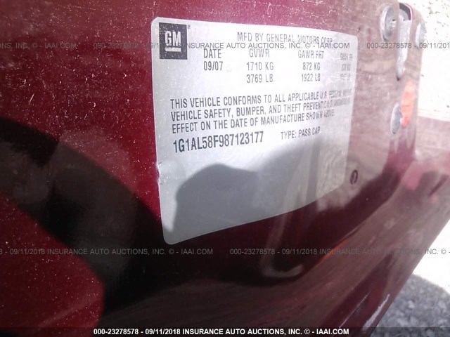 1G1AL58F987123177 - 2008 CHEVROLET COBALT LT MAROON photo 9