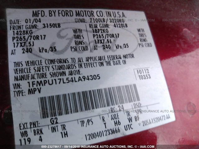 1FMPU17L54LA94305 - 2004 FORD EXPEDITION EDDIE BAUER RED photo 9