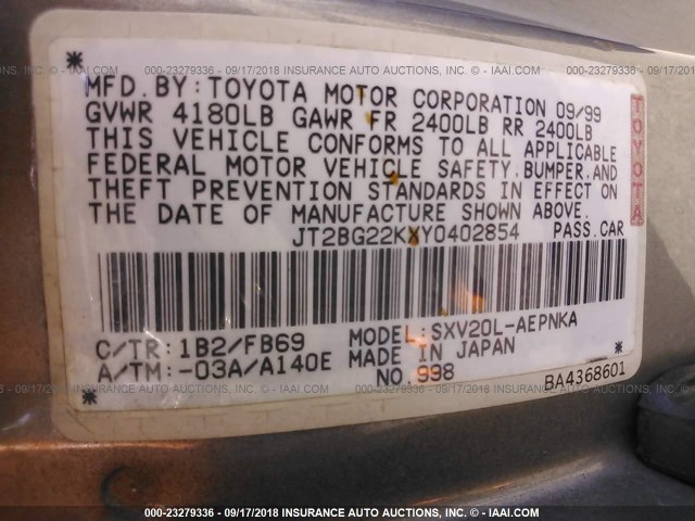 JT2BG22KXY0402854 - 2000 TOYOTA CAMRY CE/LE/XLE TAN photo 9