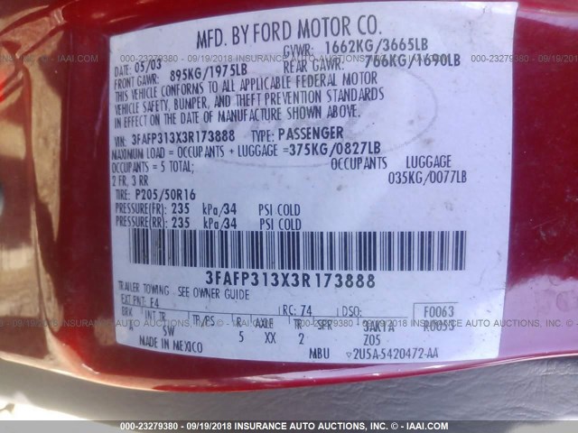 3FAFP313X3R173888 - 2003 FORD FOCUS ZX3 RED photo 9