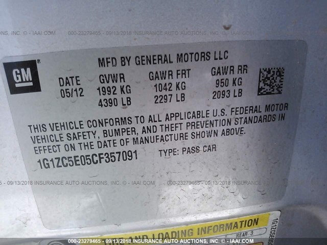 1G1ZC5E05CF357091 - 2012 CHEVROLET MALIBU 1LT SILVER photo 9