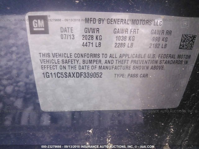 1G11C5SAXDF339052 - 2013 CHEVROLET MALIBU 1LT 蓝色 照片 9