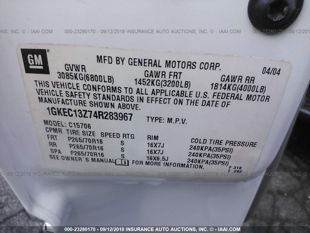 1GKEC13Z74R283967 - 2004 GMC YUKON WHITE photo 9