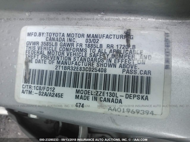 2T1BR32E83C025408 - 2003 TOYOTA COROLLA CE/LE/S SILVER photo 9