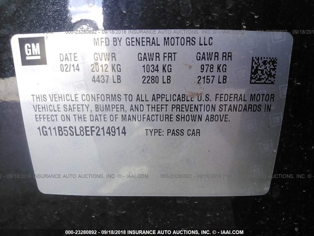 1G11B5SL8EF214914 - 2014 CHEVROLET MALIBU LS BLACK photo 9