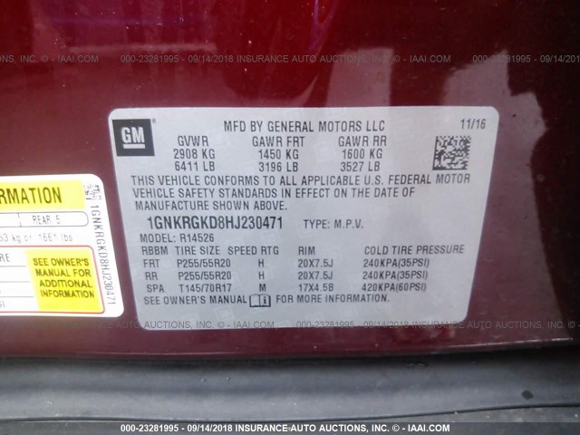 1GNKRGKD8HJ230471 - 2017 CHEVROLET TRAVERSE LT RED photo 9