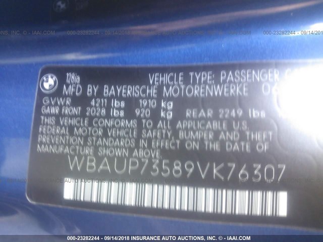 WBAUP73589VK76307 - 2009 BMW 128 I BLUE photo 9