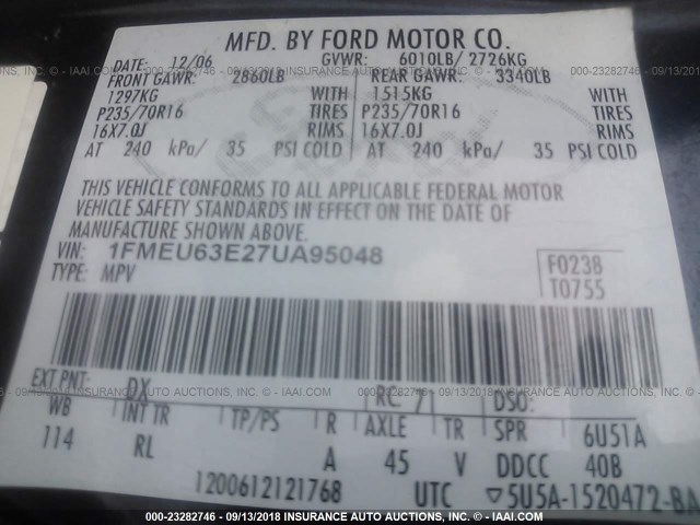 1FMEU63E27UA95048 - 2007 FORD EXPLORER XLT BLUE photo 9