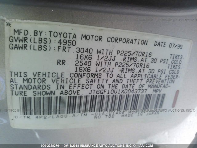 JT6GF10U1X0043737 - 1999 LEXUS RX 300 GOLD photo 9