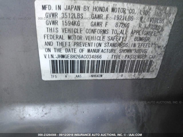 JHMGE8H26AC034866 - 2010 HONDA FIT GRAY photo 9