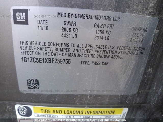 1G1ZC5E1XBF239755 - 2011 CHEVROLET MALIBU 1LT ნაცრისფერი ფოტო 9