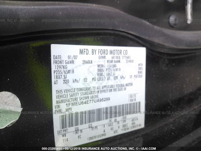 1FMEU64E77UA95299 - 2007 FORD EXPLORER EDDIE BAUER BLACK photo 9