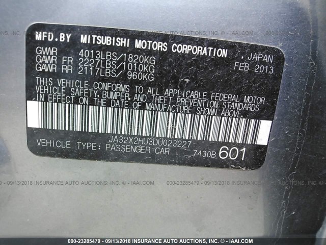 JA32X2HU3DU023227 - 2013 MITSUBISHI LANCER ES/ES SPORT GRAY photo 9