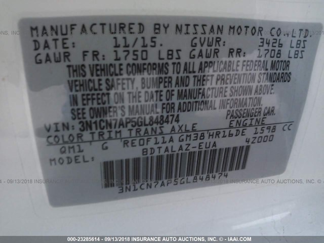 3N1CN7AP5GL848474 - 2016 NISSAN VERSA S/S PLUS/SV/SL WHITE photo 9