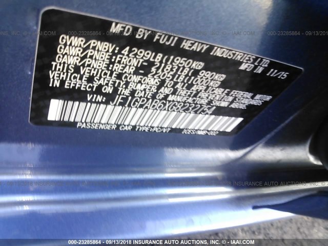 JF1GPAB6XG8232754 - 2016 SUBARU IMPREZA PREMIUM BLUE photo 9