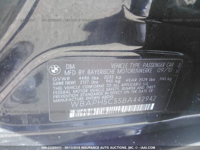 WBAPH5C55BA442942 - 2011 BMW 328 I SULEV BLACK photo 9