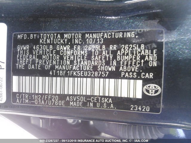 4T1BF1FK5EU328757 - 2014 TOYOTA CAMRY L/SE/LE/XLE Tünd mavi foto 9