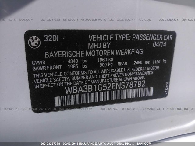WBA3B1G52ENS78792 - 2014 BMW 320 I WHITE photo 9