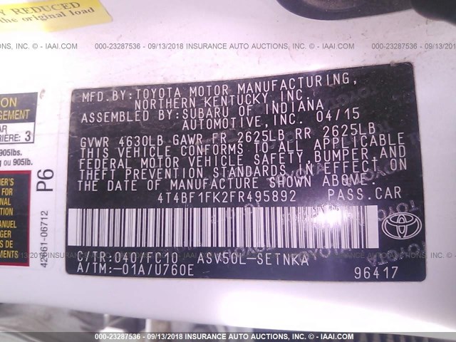 4T4BF1FK2FR495892 - 2015 TOYOTA CAMRY LE/XLE/SE/XSE WHITE photo 9