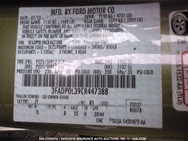 3FADP0L39CR447388 - 2012 FORD FUSION HYBRID GREEN photo 9