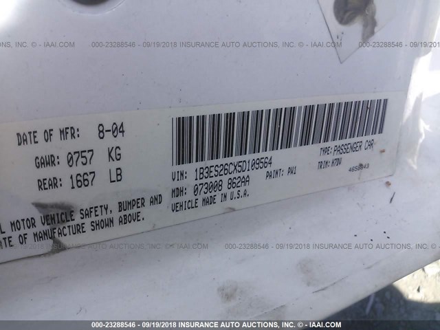 1B3ES26CX5D109564 - 2005 DODGE NEON SE WHITE photo 9