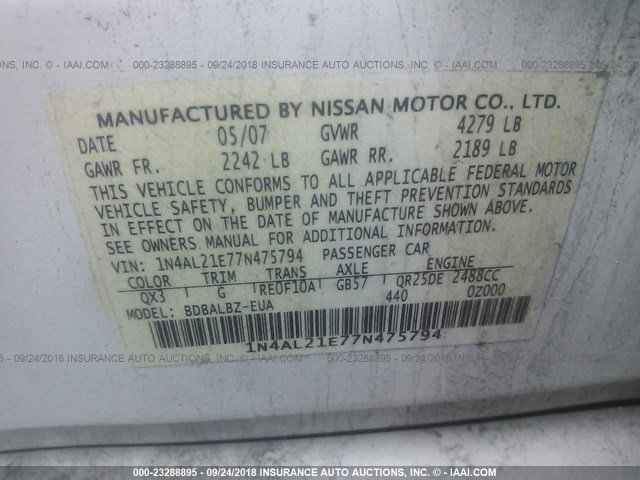 1N4AL21E77N475794 - 2007 NISSAN ALTIMA 2.5/2.5S WHITE photo 9